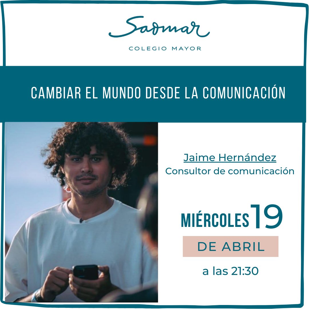 Retomamos las sesiones culturales después de las vacaciones de Pascua con esta sesión con Jaime Hernández sobre la influencia de la comunicación en la sociedad. ¡No te la pierdas!
#Saomar #ColegioMayorSaomar #ColegioMayorValencia