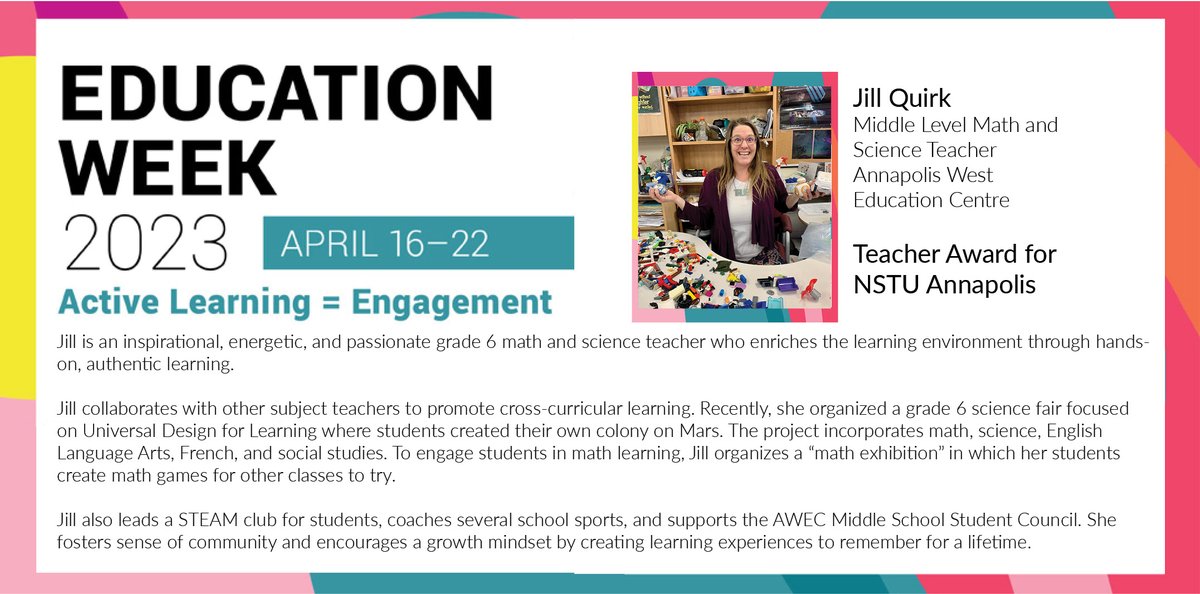 AVRCE_NS's tweet photo. Congratulations to Jill Quirk, middle level Math and Science Teacher at Annapolis West Education Centre and recipient of the Education Week Teacher Award for NSTU Annapolis! https://t.co/k3nyiXMJE5