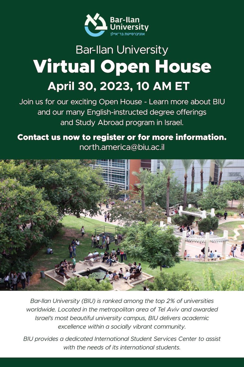 KosherSocialMedia (@jewocity) on Twitter photo Bar-Ilan University
Virtual Open House - April 30th, 2023
CONTACT BY EMAIL: north.america@biu.ac.il Bar-Ilan University
Virtual Open House - April 30th, 2023
CONTACT BY EMAIL: north.america@biu.ac.il