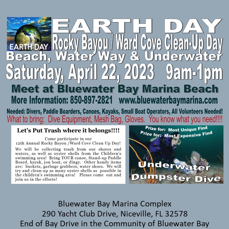 Earth Day, April 22, 2023
Rocky Bayou/Ward Cove Clean-Up Day
Beach Clean-up, Underwater Dive Clean-Up.
ALL VOLUNTEERS WELCOME!
9am - 1pm. #divecleanup #earthday #beachcleanup #ljschooners #underwaterdumpsterdive