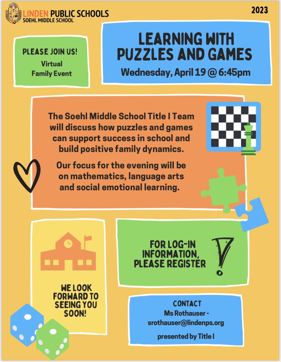 MsRothauser's tweet photo. Please join us Wednesday night for this month’s Title I family event! 🙂🧡🖤 @SoehlLPS @principalglong @duckett_esl @jensmithELA @LindenSchoolsNJ @lcvandam https://t.co/2nTsHor6KG
