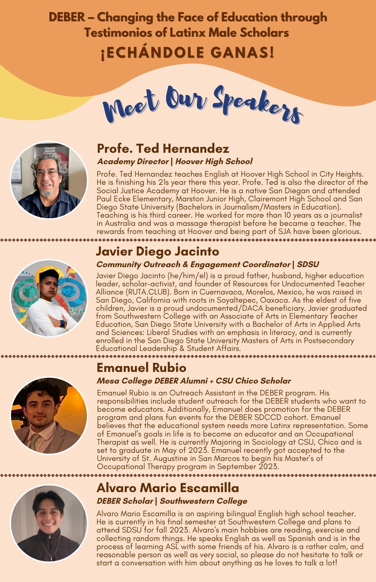 debersdsu's tweet photo. Register Today! 
DEBER – Changing the Face of Education through Testimonios of Latinx Male Scholars: ¡Echándole ganas! 

| April 20h, 11:00 am - 1:00pm
| RSVP: https://t.co/B7EIjP4kuS https://t.co/2jqvnFEvKq