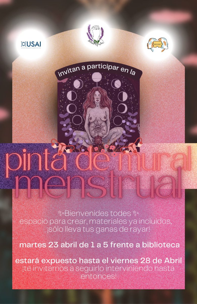 🩸Pinta de mural menstrual🩸 

¡Este martes 23 de abril de 1:00 a 5:00 pm frente a la biblioteca!

¡Será un espacio para crear, plasmar y compartir nuestras experiencias menstruales! Las esperamos ❤️
<a href="/ITESO/">ITESO</a> 
<a href="/lavandafem/">LaVanda 💜</a>