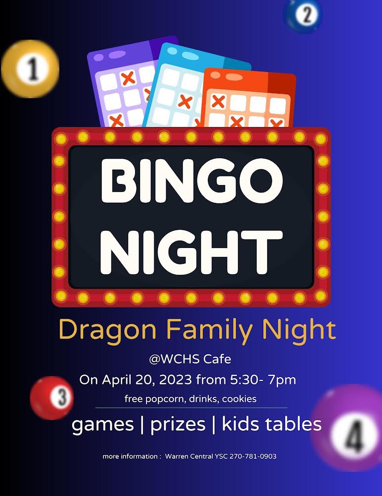 Come out to the dragon family bingo night!! All are welcome!! Raffle prize and snacks!