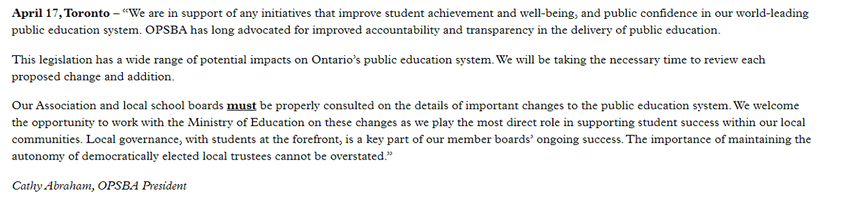 OPSBA statement on The Better Schools and Student Outcomes Act opsba.org/opsba-statemen… 

"The importance of maintaining the autonomy of democratically elected local trustees cannot be overstated." - <a href="/CathyAbraham/">Cathy Abraham, (she,her)</a> 

#onted #onpoli