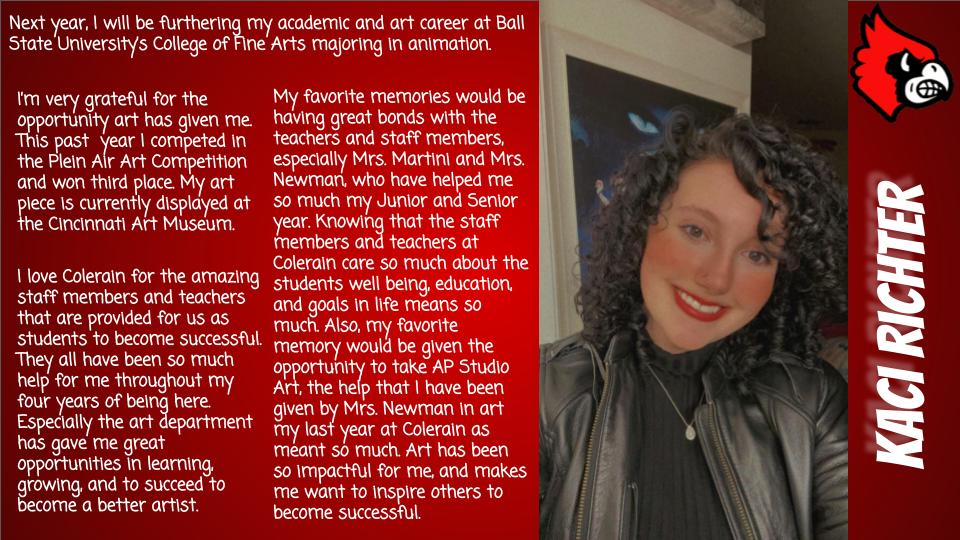 CHS_Principals's tweet photo. We're excited to share our spotlight on Kaci. Kaci is one of many amazingly talented students that attend CHS. Best of luck with all of your future dreams, Kaci! 🌟 #colerainproud https://t.co/m7Y1Jl5weJ