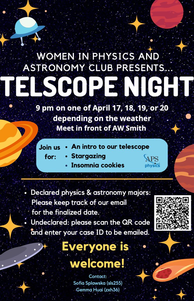 @wipac_cwru's telescope night is now confirmed for this Tuesday, April 18th, starting at 9 pm outside of AW Smith. Join us for a tour/intro to our telescope, a view of the planets, stars, and star clusters, and some yummy insomnia cookies! #WIPAC #telescope #starclusters