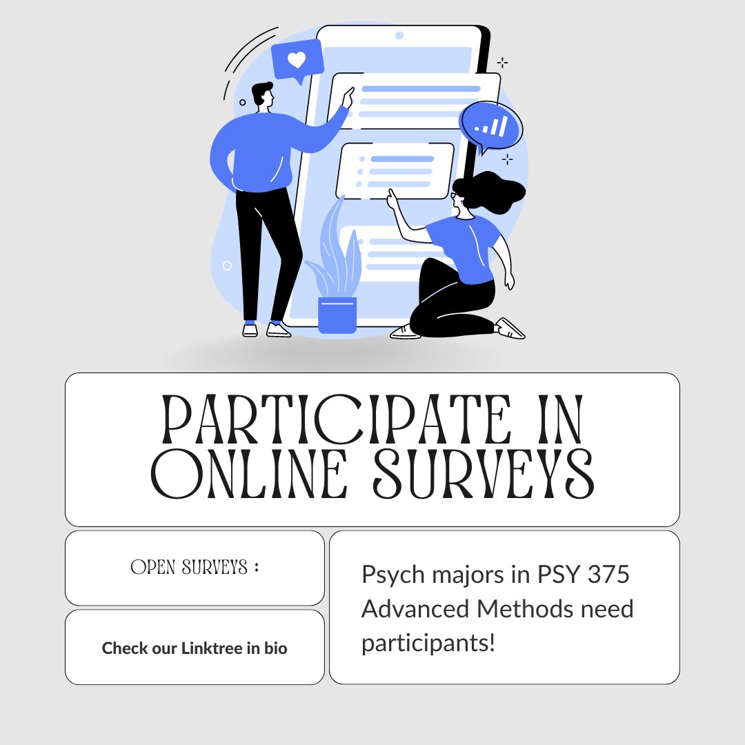 nevadastate_psy's tweet photo. Psych majors in PSY375 Advanced Methods capstone need participants to complete their surveys! Click the link in our bio to find them. If your instructor agreed to offer extra credit for your participation make sure to take a screencap of the last pg to document your participation https://t.co/Eef12LYxp3