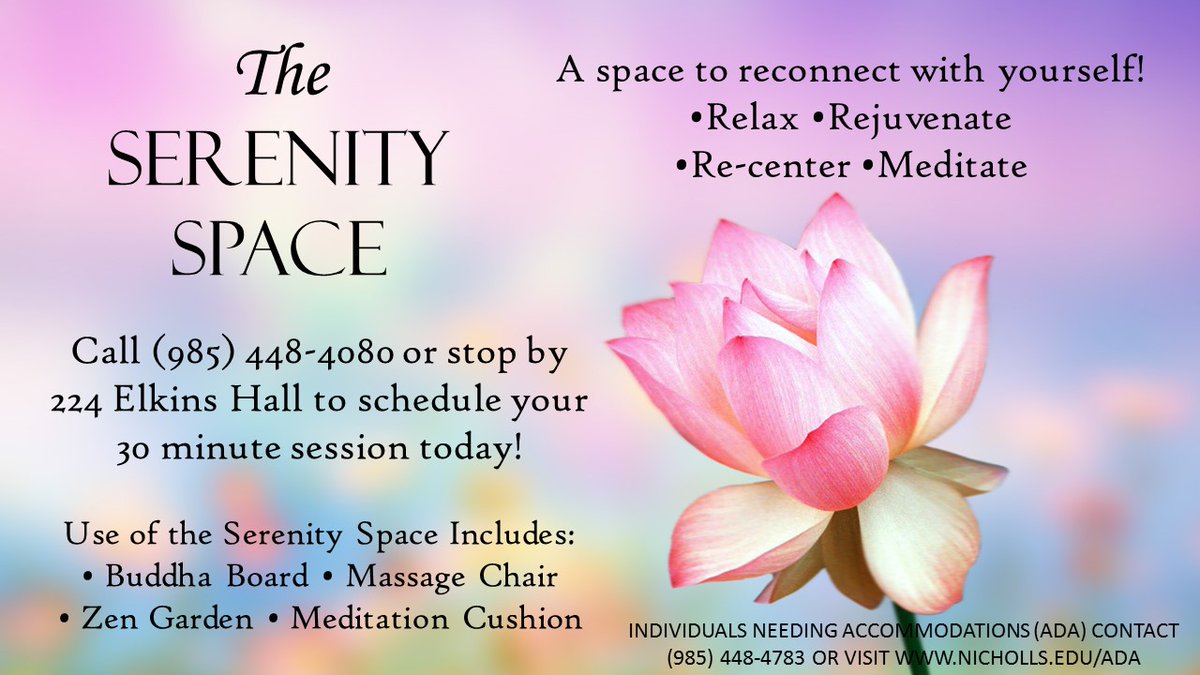 NichollsUcc's tweet photo. Welcome back from spring break Colonels! With finals and the end of the semester right around the corner, don't let stress get you down! Visit the Serenity Space, located in Nicholls University Counseling Center, to relax and relieve stress!

#stressrelief #serenity #meditation https://t.co/mQFEvGYqw1