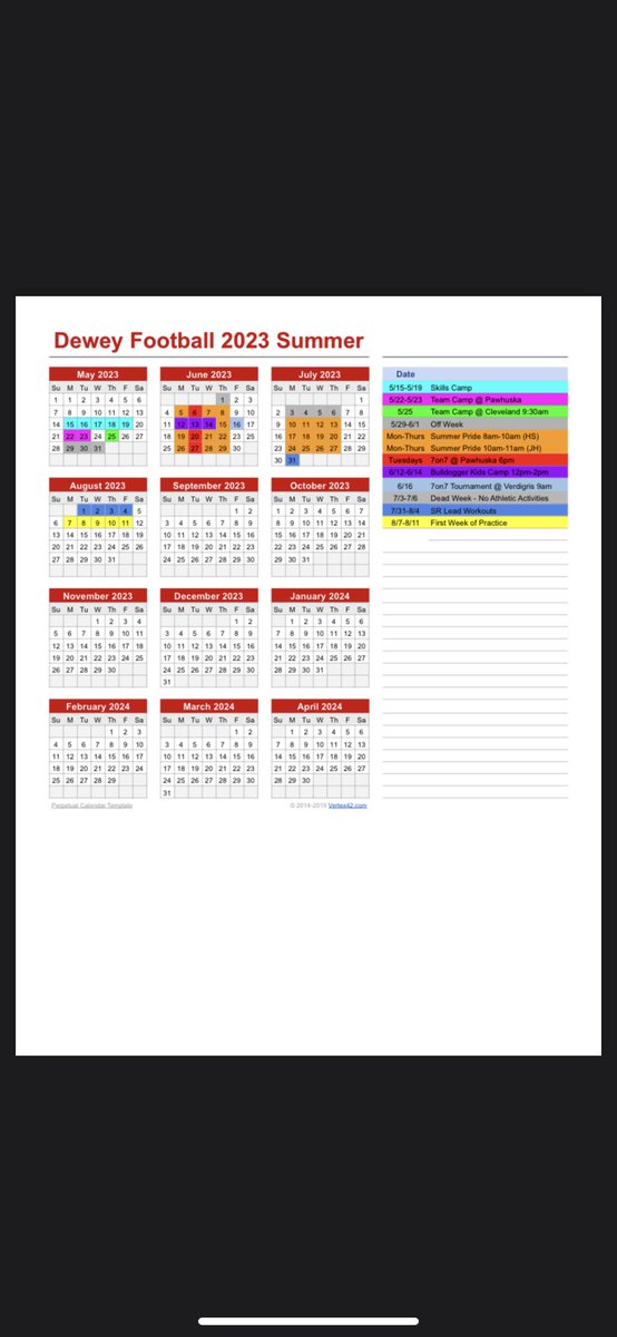 Summer 23’ Schedule 
Notable Start Dates -
- Skills Camp - May 15th
- Pawhuska Team Camp - May 22nd-23rd
- Cleveland Team Camp - May 25th
- Summer Pride - June 5th
- Pawhuska 7on7 - June 6th