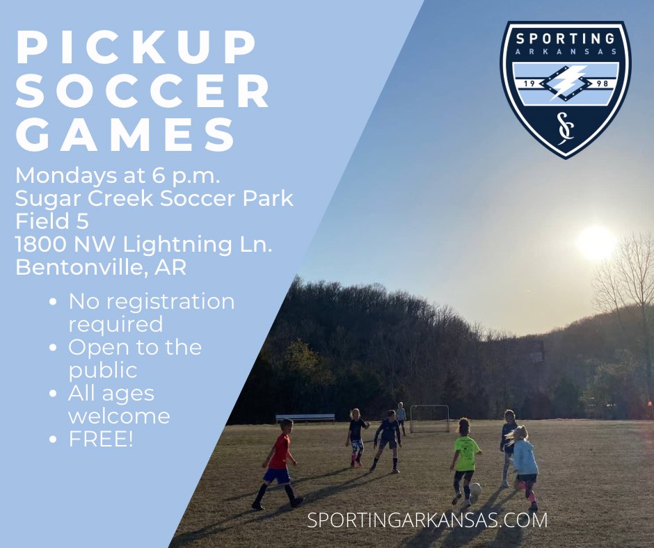 SportingAR's tweet image. Pickup games are happening tonight on field 5 starting at 6 p.m. No registration, no cost, and open to all. See you there! 
#SportingArkansas #weARsporting