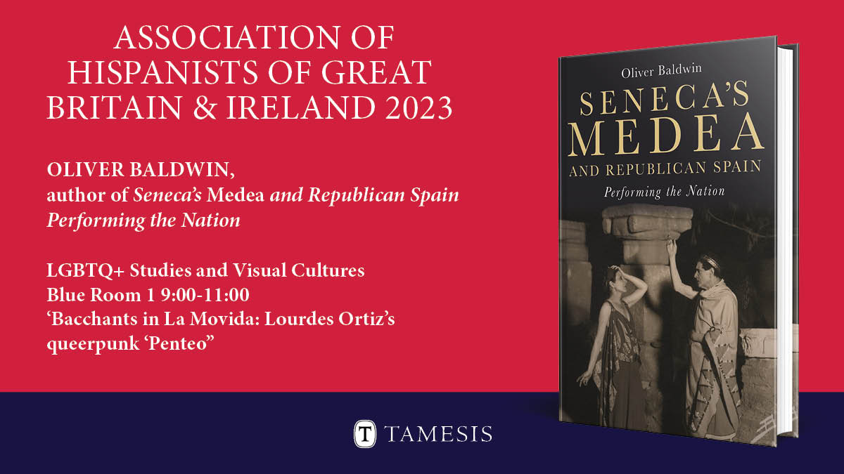 Looking ahead to tomorrow at AHGBI? Consider catching <a href="/DrOBaldwin/">Oliver Baldwin</a> for the morning panel LGBTQ+ Studies and Visual Cultures.

His book on Spanish theatrical history - Seneca's Medea and Republican Spain - is also at our Tamesis booth. Get 50% off with your AHGBI discount!