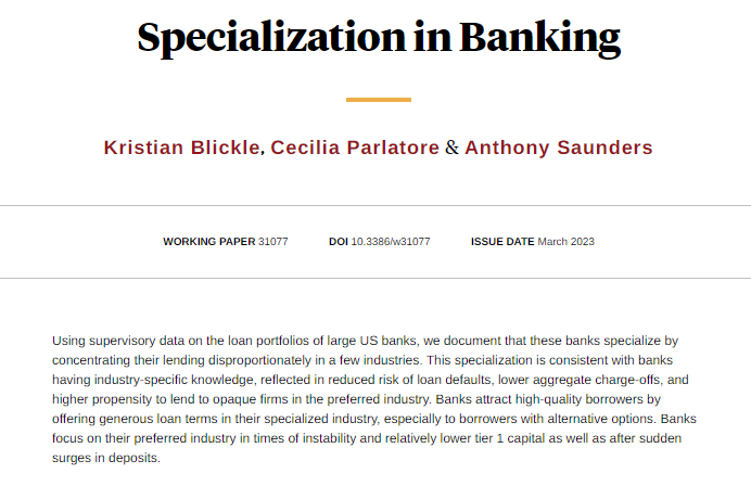 Large banks specialize in lending to industries, which improves loan performance and loan terms for borrowers. Specialization affects bank stability and credit allocation, from <a href="/KristianBlickle/">Kristian Blickle</a> <a href="/CParlatore/">Cecilia Parlatore</a> and Anthony Saunders nber.org/papers/w31077