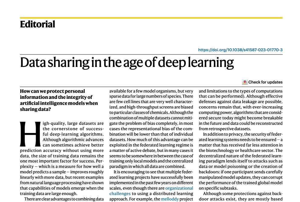 NatureBiotech's tweet photo. Data sharing in the age of deep learning
How can we protect personal information and the integrity of artificial intelligence models when sharing data? https://t.co/dtHQzqDqZS https://t.co/auAMN7Mtzw