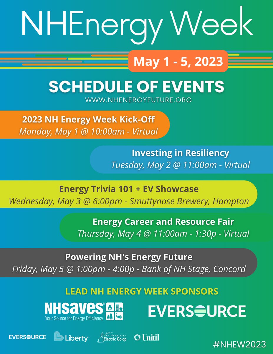 In TWO WEEKS we'll be kicking off 2023 #NHEnergyWeek! Join us for the live kickoff featuring remarks from U.S. Senators, energy thought leaders + more. REGISTER: nhenergyfuture.org/nhew

Shout-out to <a href="/NHSaves/">NHSaves</a> and <a href="/EversourceNH/">Eversource NH</a> as our Presenting Sponsors!

#NHEW2023 #energy #NH