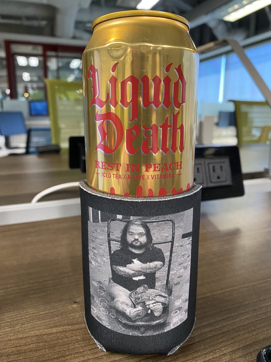 natedigad's tweet photo. .@DylanPostl is keeping my @LiquidDeath Rest in Peach tea chilled while I work today. #RestInPeach https://t.co/GJZOx1RyfP