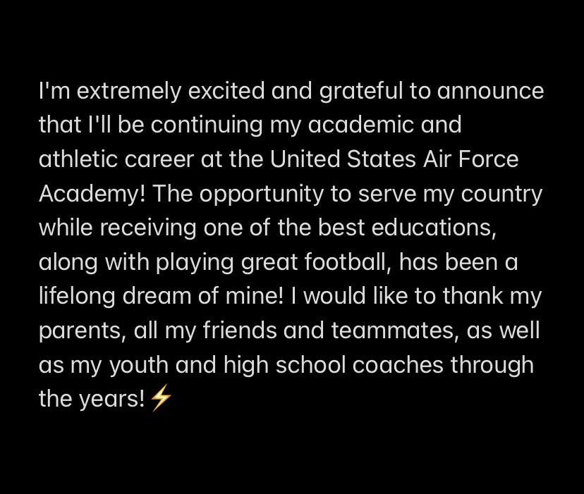 Jack Alley (@jack_alley7) on Twitter photo COMMITTED!! ⚡️ <a href="/AF_Football/">Air Force Football</a> ⚡️
<a href="/5StarPreps/">5Star Preps</a> <a href="/FarragutFB/">Farragut Football</a> <a href="/CSmithScout/">Chris Smith</a> <a href="/BlakeBedd/">Blake Beddingfield</a> <a href="/CoachLamAF/">Ken Lamendola</a> <a href="/CoachTimHorton/">Tim Horton</a> <a href="/CoachTCalhoun/">Troy Calhoun</a> @CoachKPearsonAF COMMITTED!! ⚡️ <a href="/AF_Football/">Air Force Football</a> ⚡️
<a href="/5StarPreps/">5Star Preps</a> <a href="/FarragutFB/">Farragut Football</a> <a href="/CSmithScout/">Chris Smith</a> <a href="/BlakeBedd/">Blake Beddingfield</a> <a href="/CoachLamAF/">Ken Lamendola</a> <a href="/CoachTimHorton/">Tim Horton</a> <a href="/CoachTCalhoun/">Troy Calhoun</a> @CoachKPearsonAF