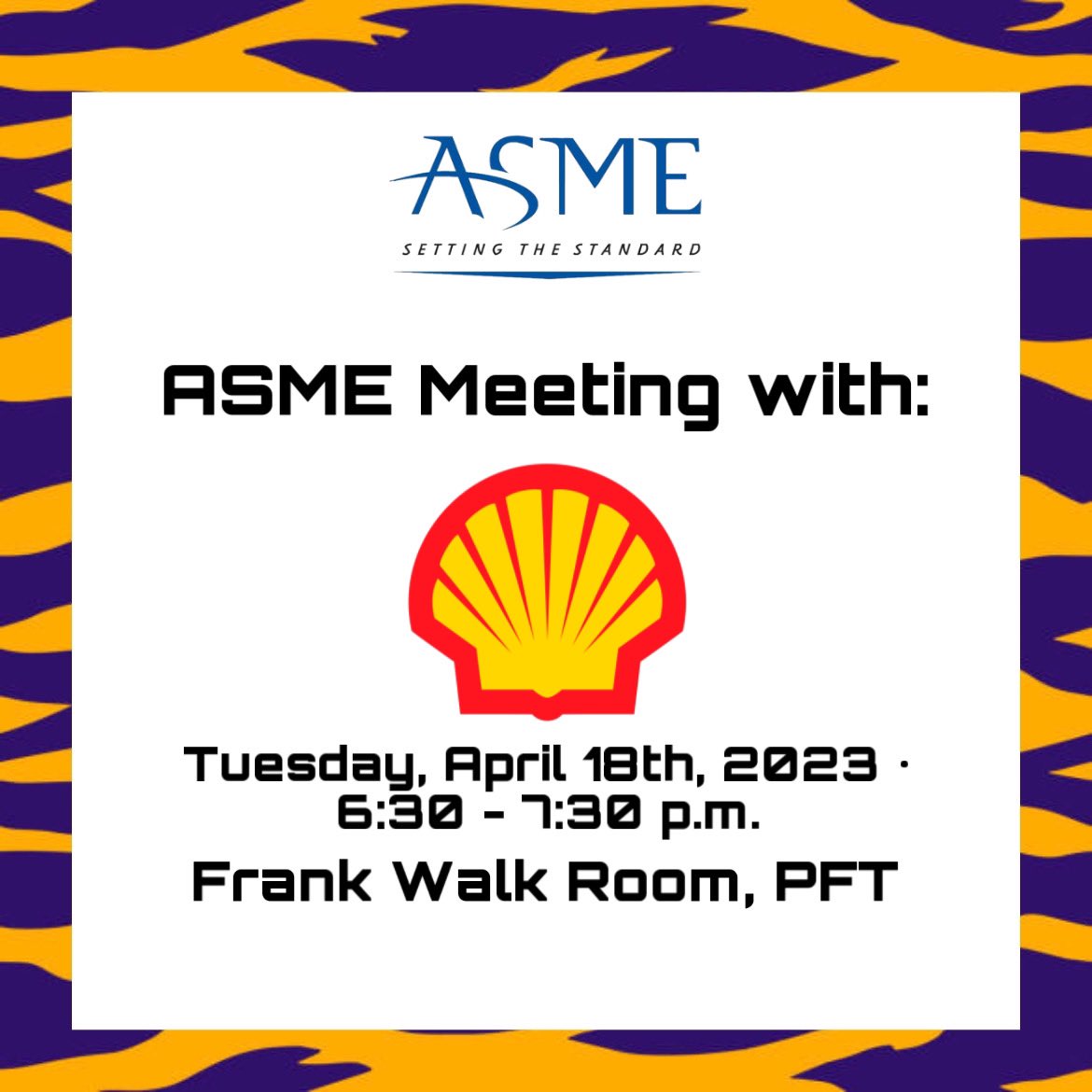 Our last ASME meeting of the year with Shell will be this Tuesday (tomorrow) at 6:30 p.m. in the Frank Walk Room. As per usual, there will be complimentary food and awesome networking opportunities. See y’all there!