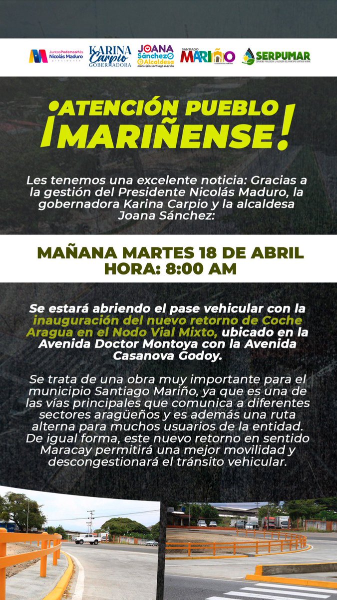 #17Abr Este #18Abr estaremos abriendo el paso vehicular con la inauguración del nuevo retorno de Coche Aragua en el Nodo Vial Mixto, con esto vamos a mejorar la movilidad de las personas que transitan por la Av. Intercomunal <a href="/NicolasMaduro/">Nicolás Maduro</a> <a href="/Soykarinacarpio/">Karina Carpio</a> #ConMaduroMásRevolución
