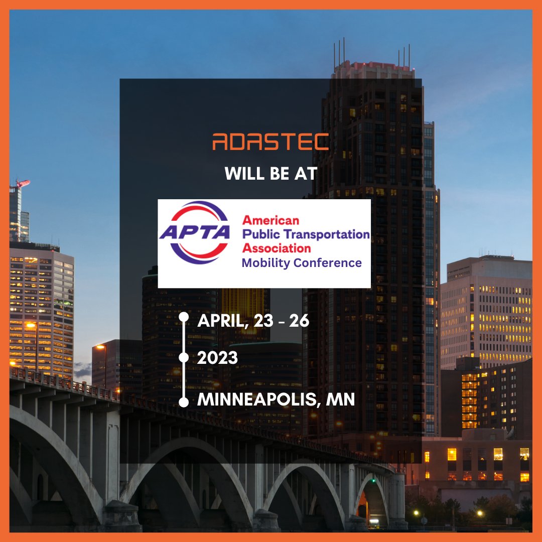 AdastecCorp's tweet image. ADASTEC would love to meet with you at the APTA Mobility Conference on April 23 - 26 in Minneapolis, MN! 🚍

#ADASTEC #autonomousdriving #autonomousbus #electricmobility