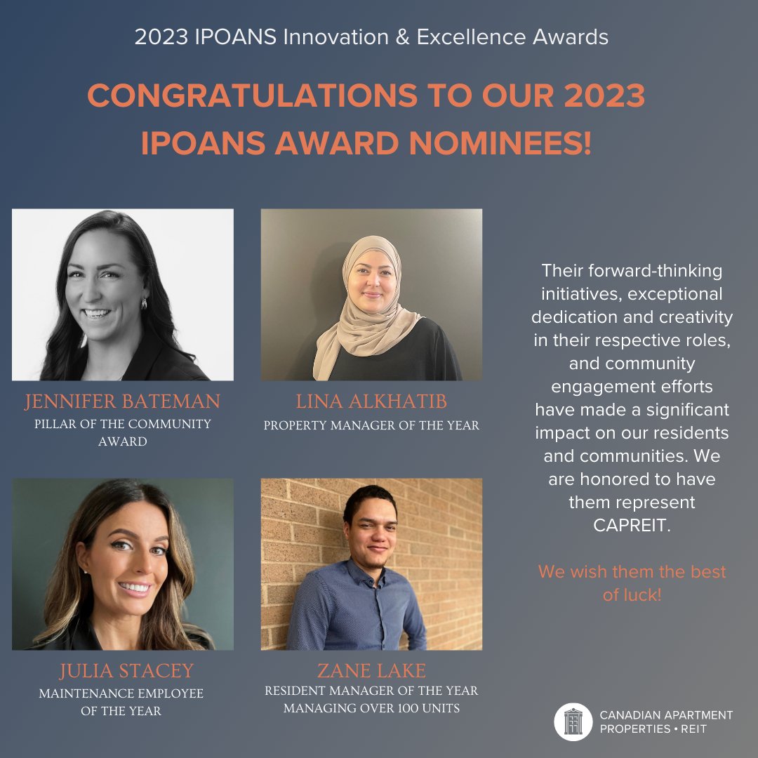 Caprent's tweet photo. We are thrilled to announce CAPREIT's nominations for the @IPOANS Innovation & Excellence Awards! Join us in congratulating our nominees and wishing them the best of luck in the upcoming awards. Stay tuned for updates on award finalists! #GoodNews #CAPStory https://t.co/UuHxCP22j8