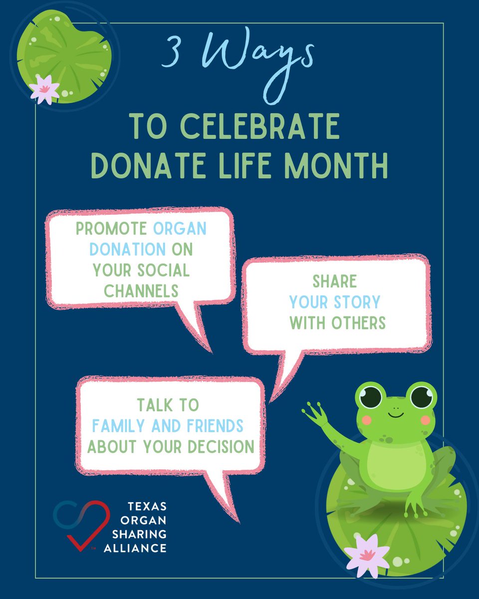 TxOrganSharing's tweet photo. We are toad-ally 🐸 excited for you to join us in supporting and promoting the #DonateLife cause!

 #DonateLifeMonth https://t.co/zND4YZZ42S