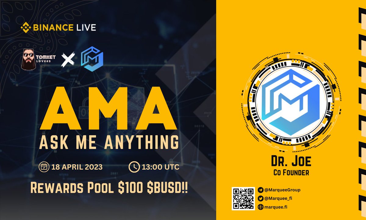 We are pleased to announce the Binance LIVE AMA with Marquee

AMA Timing : 18 April 2023 | 13:00 
UTC Reward : 100$          

Rules to join :
t.me/tomketloversre…

#AMA #BinanceLive