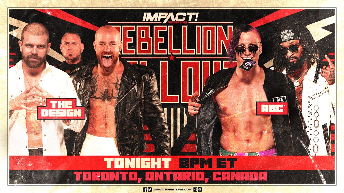 ThisIsTNA's tweet photo. Bullet Club's ABC takes on The Design TONIGHT at 8PM in Toronto, Ontario, Canada!
@CodyDeaner @Alan_V_Angels @Big_Kon1 @The_Ace_Austin @DashingChrisBey
Get tickets and be there LIVE: https://t.co/96C4IV3dBy
#RebellionFallout https://t.co/uYpiDKYSSI