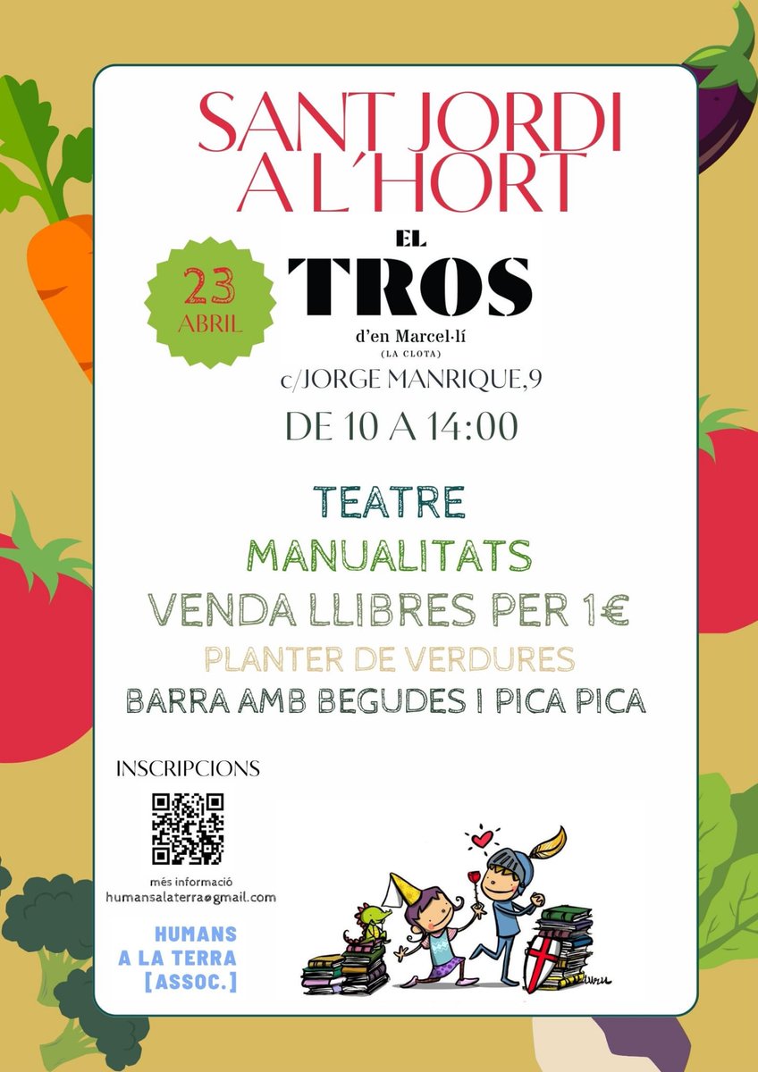 AnemAlTros's tweet photo. El 23 d'abril, de 10:00 a 14:00, celebrarem la diada de Sant Jordi. Llibres de segona per 1 euro. Planter de verdures a voluntat, manualitats per als nens i nenes,barra amb beguda i pica-pica i teatre de la llegenda de Sant Jordi.

Gaudeix del dia! #SantJordi2023  #laclota #Bcn https://t.co/Xkf64thFIG