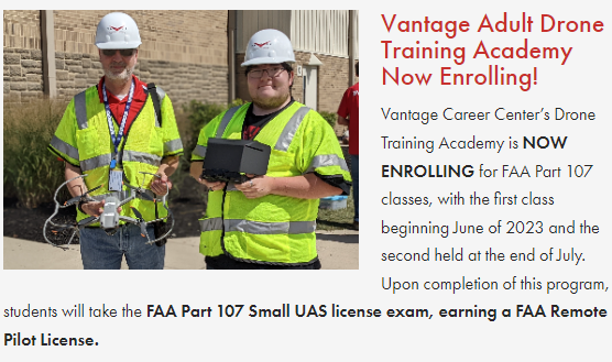 vccstudents's tweet photo. Vantage Career Center’s Drone Training class held in June is still open for enrollment. Earn your FAA Part 107 Drone License! Click the link for enrollment details! https://t.co/V0TLUu5we7 https://t.co/349WKFiOc2