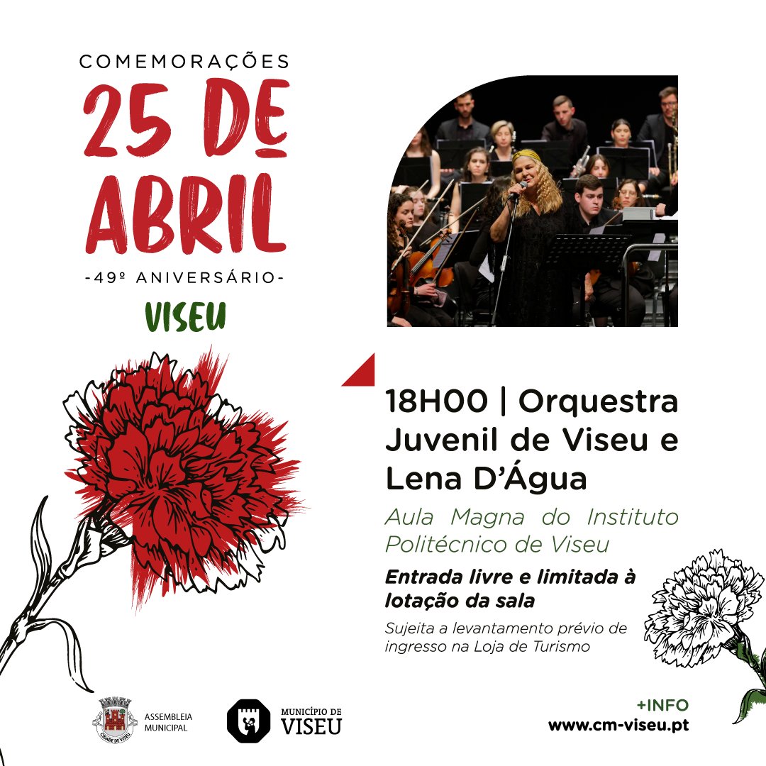 O Município de Viseu celebra o 49º aniversário do Dia da Liberdade com um concerto especial! 🎶

Venha celebrar a Liberdade! 🙌

#viseu