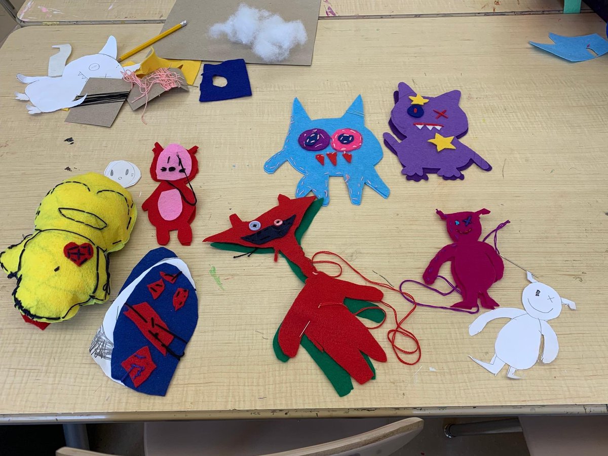 ESCofNJ's tweet photo. Some amazing sewing projects from Mrs. Burger's art classes at NuView Academy! Younger students did weaving with yarn and pipe cleaners. Older students cut out character shapes and then are sewing the pieces together. #ESCNJ #NuViewNJ https://t.co/C6RzwRkgI5