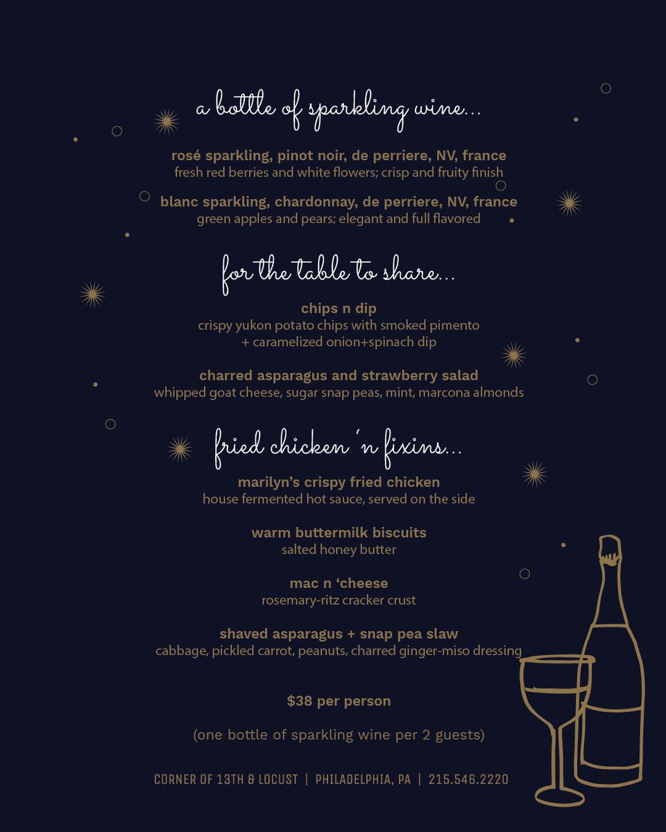 🚨Fried Chicken &amp; Bubbles for $38/person🚨~ TOMORROW (4/18) &amp; WEDNESDAY (4/19) enjoy this special dine-in only menu which includes a bottle of sparkling wine, starters to share and fried chicken ‘n fixins 🍗🥂 Swipe for full menu &amp; click for reservations: budandmarilyns.com