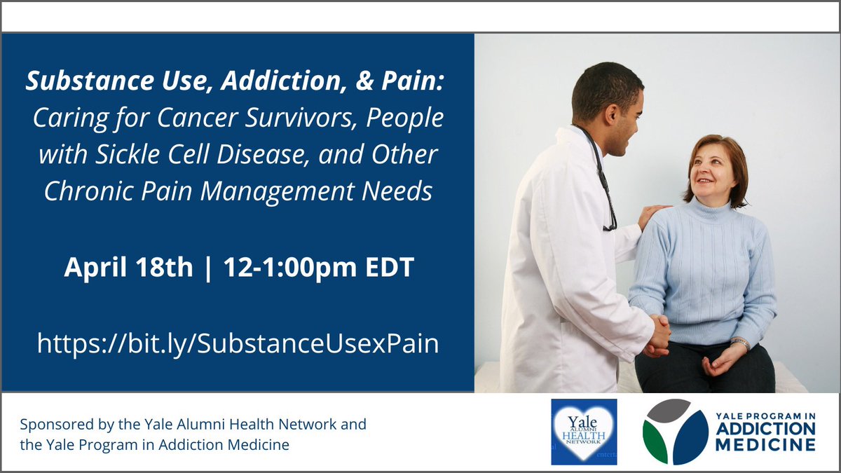 Register now for tomorrow’s webinar! Join us for the 3rd session in a 4-part series offered in partnership with the <a href="/YaleADM/">Yale Program in Addiction Medicine</a>. This session will address the intersection of #substanceuse &amp; #pain, #palliativecare #SickleCellDisease &amp; #cancer To register: bit.ly/SubstanceUsexP…