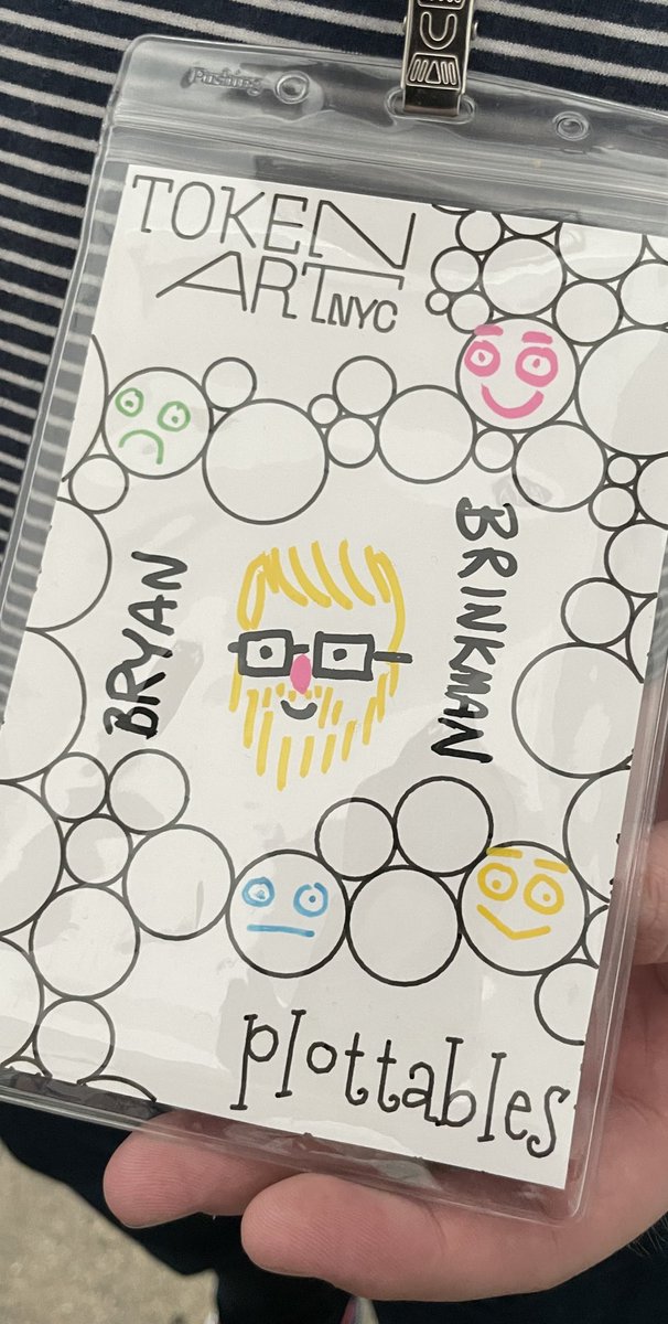 <a href="/DeeZe/">DeeZe ⛳🏌️‍♂️</a> <a href="/wedoalittlepod/">We Do A Little 🫡</a> <a href="/bryanbrinkman/">Bryan Brinkman</a> <a href="/bryanbrinkman/">Bryan Brinkman</a> with the best <a href="/plottablesio/">plottables</a> name tag I saw at <a href="/TokenArtNYC/">Token Art NYC</a> 💯