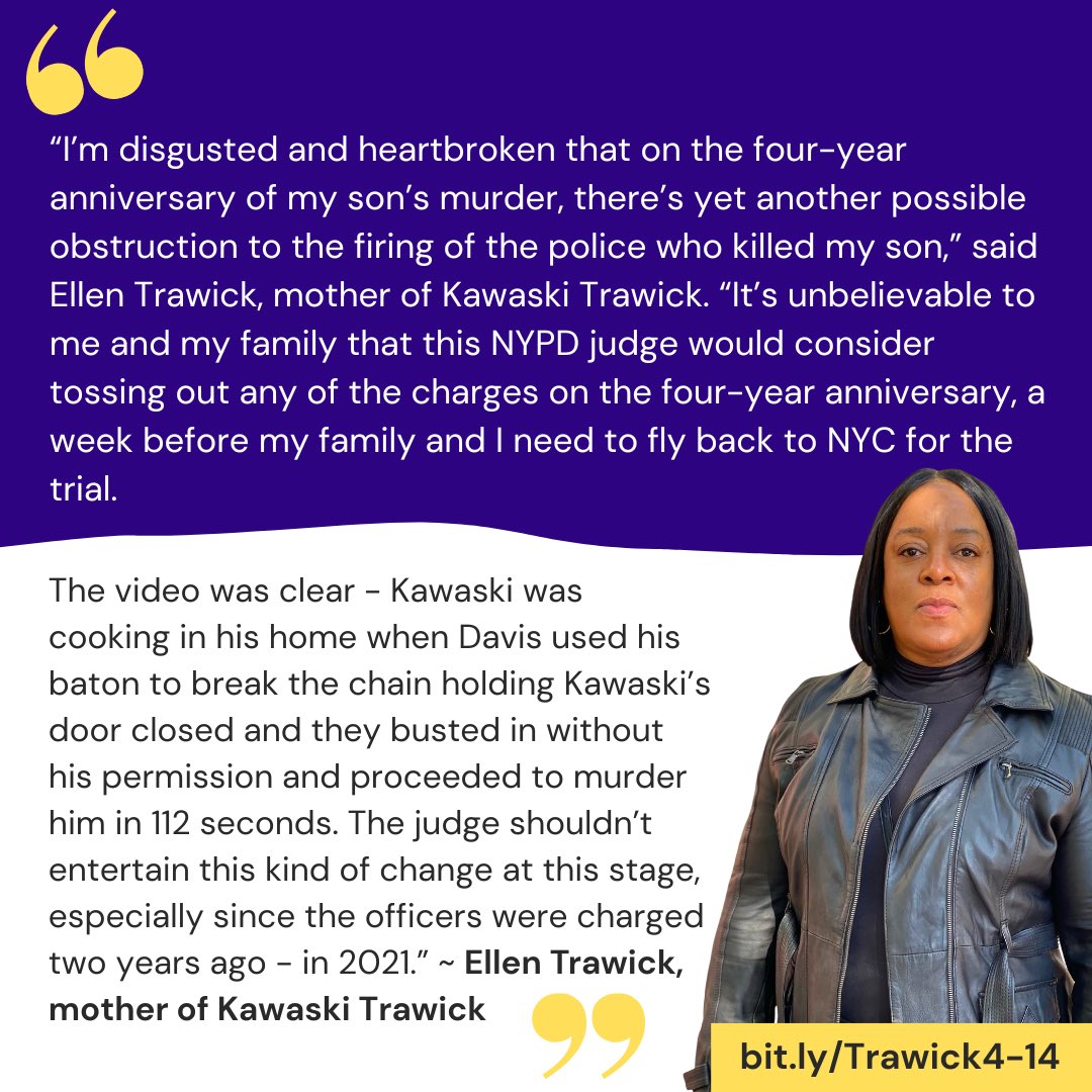 watchthecops's tweet photo. Late last Friday, on the 4 year anniversary of #KawaskiTrawick’s murder, the Trawick family learned NYPD may dismiss the illegal entry charges against both officers, which could jeopardize the entire case. The charges must stand @NYCMayor @NYPDPC ! #FireThompsonandDavis https://t.co/HLx8P096Wt