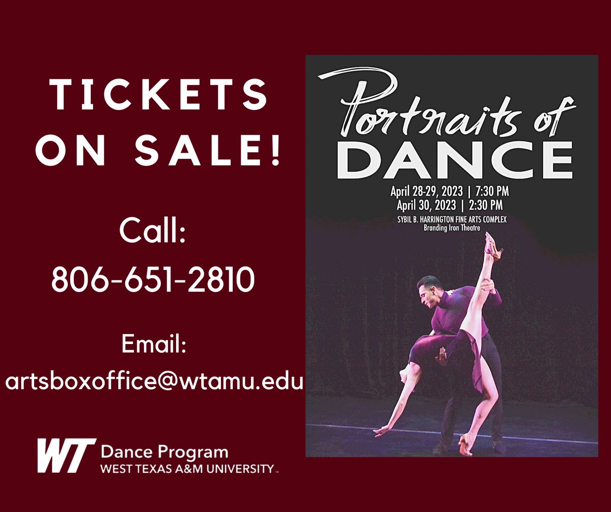 wtamudance's tweet photo. 🎟 𝐏𝐨𝐫𝐭𝐫𝐚𝐢𝐭𝐬 𝐨𝐟 𝐃𝐚𝐧𝐜𝐞 Tickets now available!🎟

Purchase Tickets here:

https://t.co/21gorKizQP

(Link in bio!) 

Or stop by or call the box office at 806-651-2810 or email at artsboxoffice@wtamu.edu. Box office hours are Mon-Fri 2:30-4:30pm https://t.co/a25FC5n60b