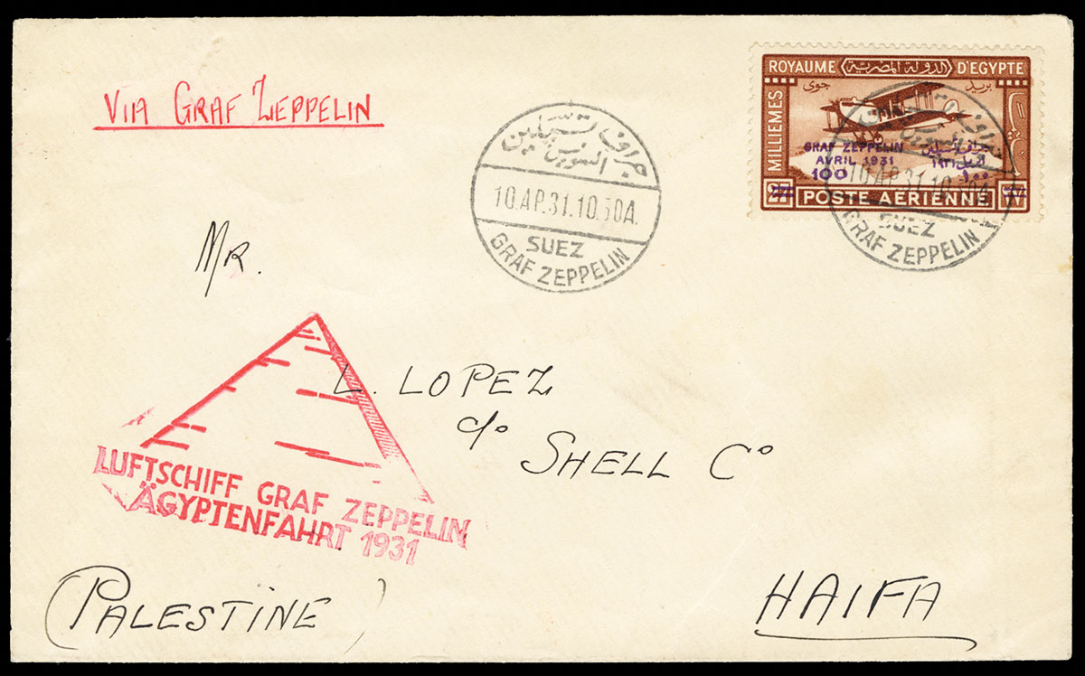 May Auction Highlight - Lots 302-304: EGYPT 1931 Zeppelin Flights - three of the four known covers of the Palestine Round trip, Suez acceptance, all addressed to L.Lopez of the Shell Oil Company. 
cherrystoneauctions.com
#philately