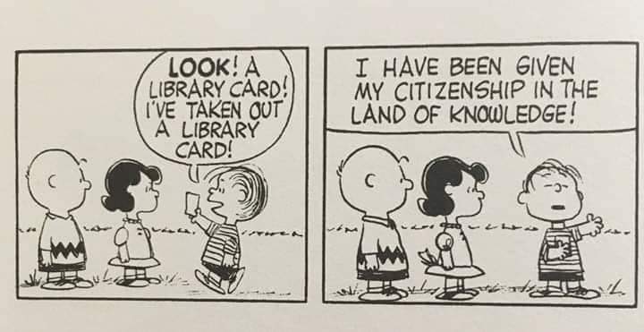 😍😍😍 #LibraryCard #CarnéDeBiblioteca é o máis, a licenza para o coñecemento... Grande Schulz e, neste caso, Linus 🤗🤗🤗 #BibliotecasPúblicas #LeerEsVivir #Snoopy #CharlieBrown #peanuts