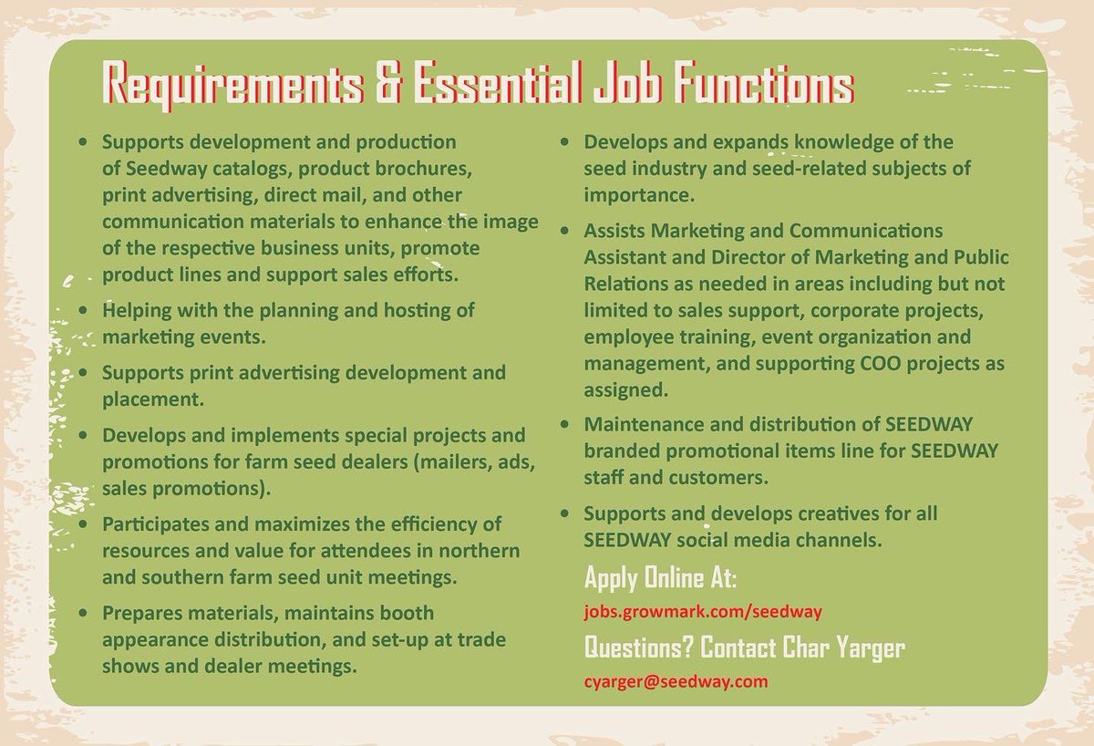 Looking for an internship in Marketing!? 

We are excited to announce  applications are now open for our Summer Marketing Assistant Internship! We are looking for an intern who is ambitious, enthusiastic, and ready to learn! 🌱

Apply online at jobs.growmark.com/seedway