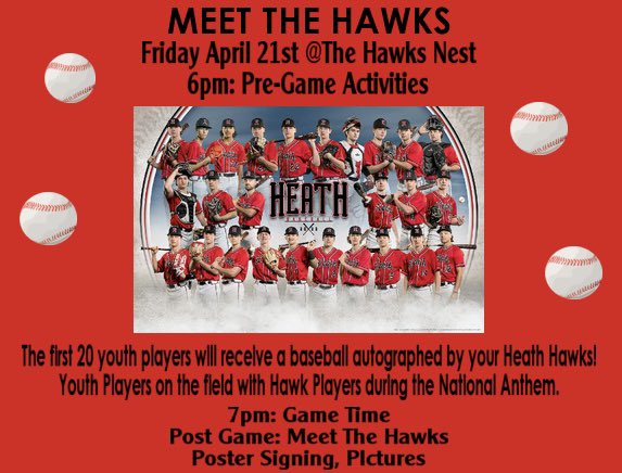 HeathHawksBB's tweet photo. MEET THE HAWKS - This Friday 04/21

📍 The HAWKS NEST 
6pm - Pre-Game Activities 
7pm - GAME TIME https://t.co/ShqTLLiNEU