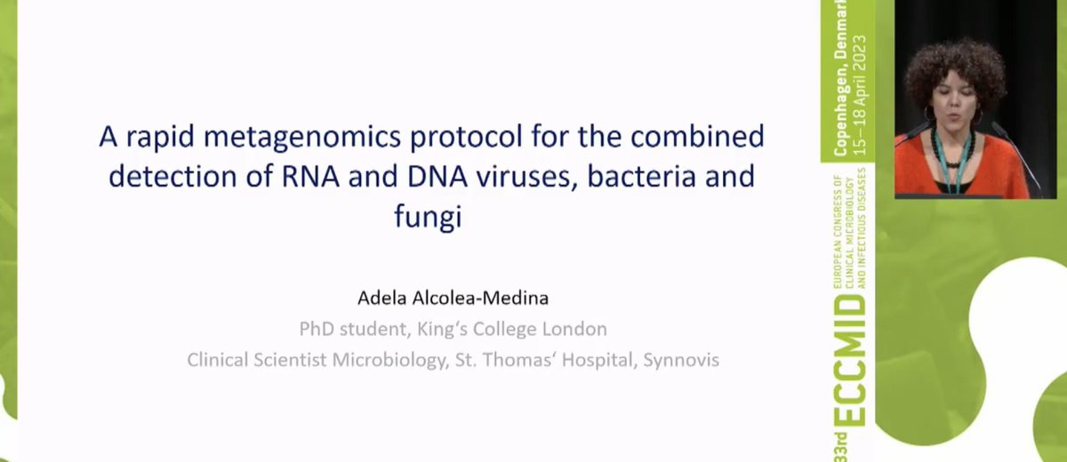 padstamundo's tweet photo. #ECCMID2023 Adela Alcolea-Medina: rapid metagenomics for combined detection of RNA &amp; DNA viruses, bacteria + fungi; human DNA depletion is key; looked at BALs/ETAs, 1% read threshold, compared to culture https://t.co/5rSLcMIbGH