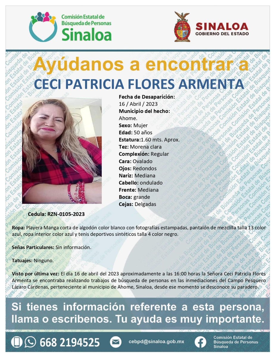 Amigas y amigos, quiero pedirles que difundan esta información. Ceci Flores, la madre buscadora de Sonora, está desaparecida, se encontraba en búsqueda en Sinaloa, ayer 16 de abril. Queremos que aparezca, que las autoridades, la policía, la <a href="/GN_MEXICO_/">Guardia Nacional</a>, la busquen
