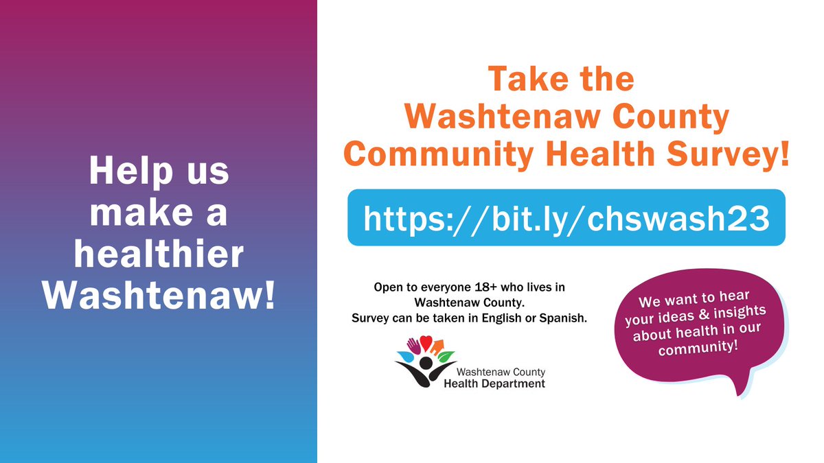 🔔 Today (4/17) is the LAST DAY to take the #WashtenawCounty Community Health Survey! 🔔 Take 10 minutes to use your voice and help shape local community health priorities: bit.ly/chswash23 Thanks to everyone who has already taken the survey! #HealthyTogether