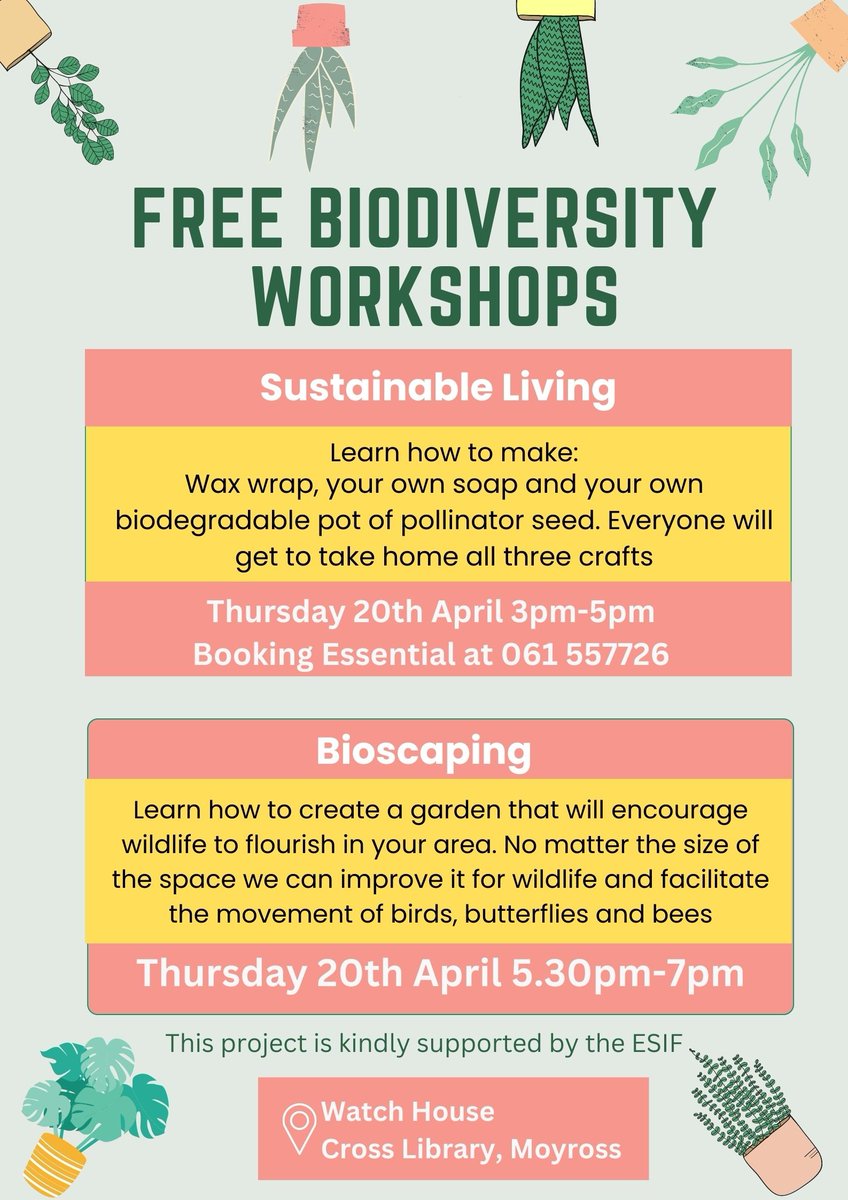 LimerickCouncil's tweet photo. Learn how to reduce your waste, live more sustainably, and create a garden that will allow wildlife to flourish with our free workshops on Thursday 20th April in Watch House Cross Library. 

Read More: https://t.co/jZENSMcRRr