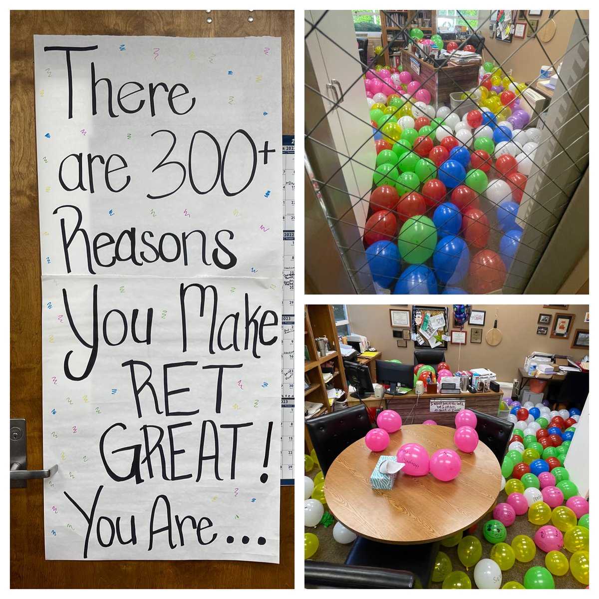 _REThompson's tweet photo. Happy birthday to our principal, Mr. Bissell!! His office was filled with balloons from the students this morning. Each student finished the sentence “You are …” on the balloons. #RETtigers https://t.co/NnFIB4xHFf