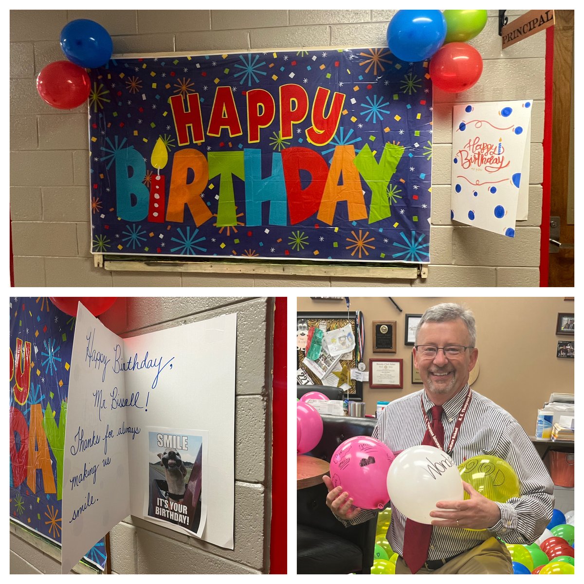 _REThompson's tweet photo. Happy birthday to our principal, Mr. Bissell!! His office was filled with balloons from the students this morning. Each student finished the sentence “You are …” on the balloons. #RETtigers https://t.co/NnFIB4xHFf