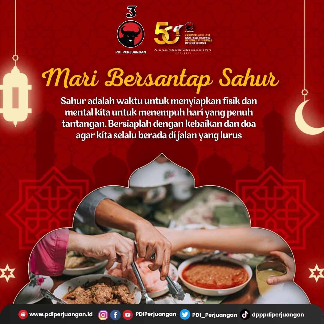 PDI_Perjuangan's tweet photo. Mari Bersantap Sahur

Sahur adalah waktu untuk menyiapkan fisik dan mental kita untuk menempuh hari yang penuh tantangan. Bersiaplah dengan kebaikan dan doa agar kita selalu berada di jalan yang lurus

#PDIPerjuangan
#50tahunPDIP
#bangunlahjiwadanbadannya
#SolidBergerak https://t.co/JOECxmGCVQ