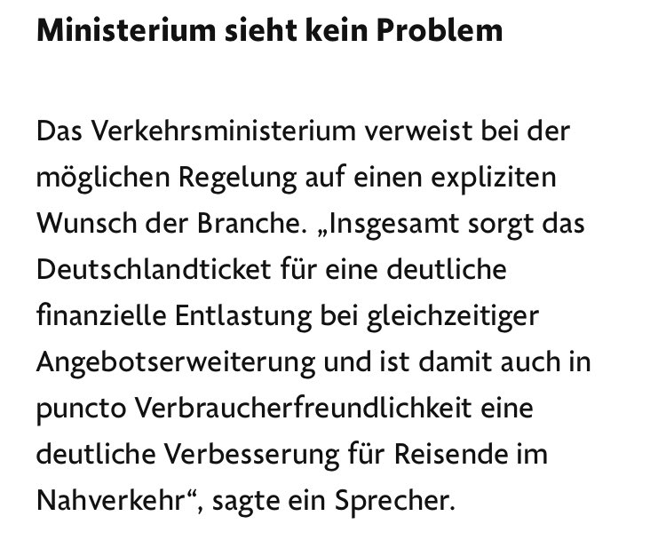 Das @bmdv schlägt vor, Fahrgastrechte fürs #Deutschlandticket einzuschränken, weil „die Branche“ das sich explizit so gewünscht hat.
Heißt übersetzt „§ 3 (4) haben uns die Lobbyisten rein diktiert und wir haben das einfach übernommen.“
FDP-Politik in a Nutshell.