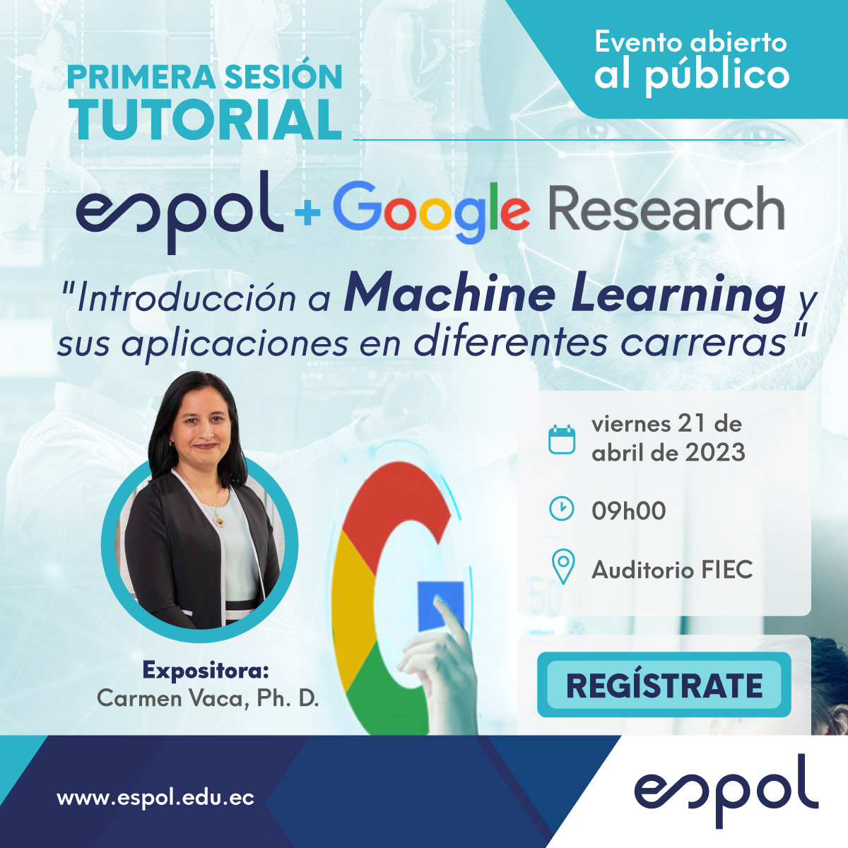 espol's tweet photo. Este viernes 21 de abril forma parte de la primera sesión tutorial sobre “Introducción a Machine Learning y sus aplicaciones en diferentes carreras”. 
Regístrate en: https://t.co/YDj2XwceOg https://t.co/3EnhcPanbz